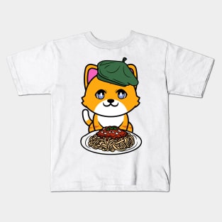 Cute orange cat eating spaghetti Kids T-Shirt